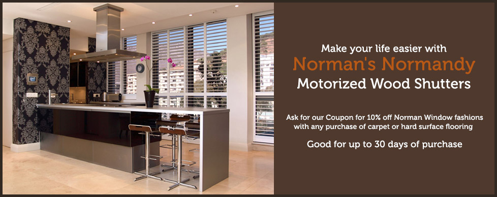 Norman's Normandy Motorized Wood Shutter at GARDNER Floor Covering, Eugene, Oregon